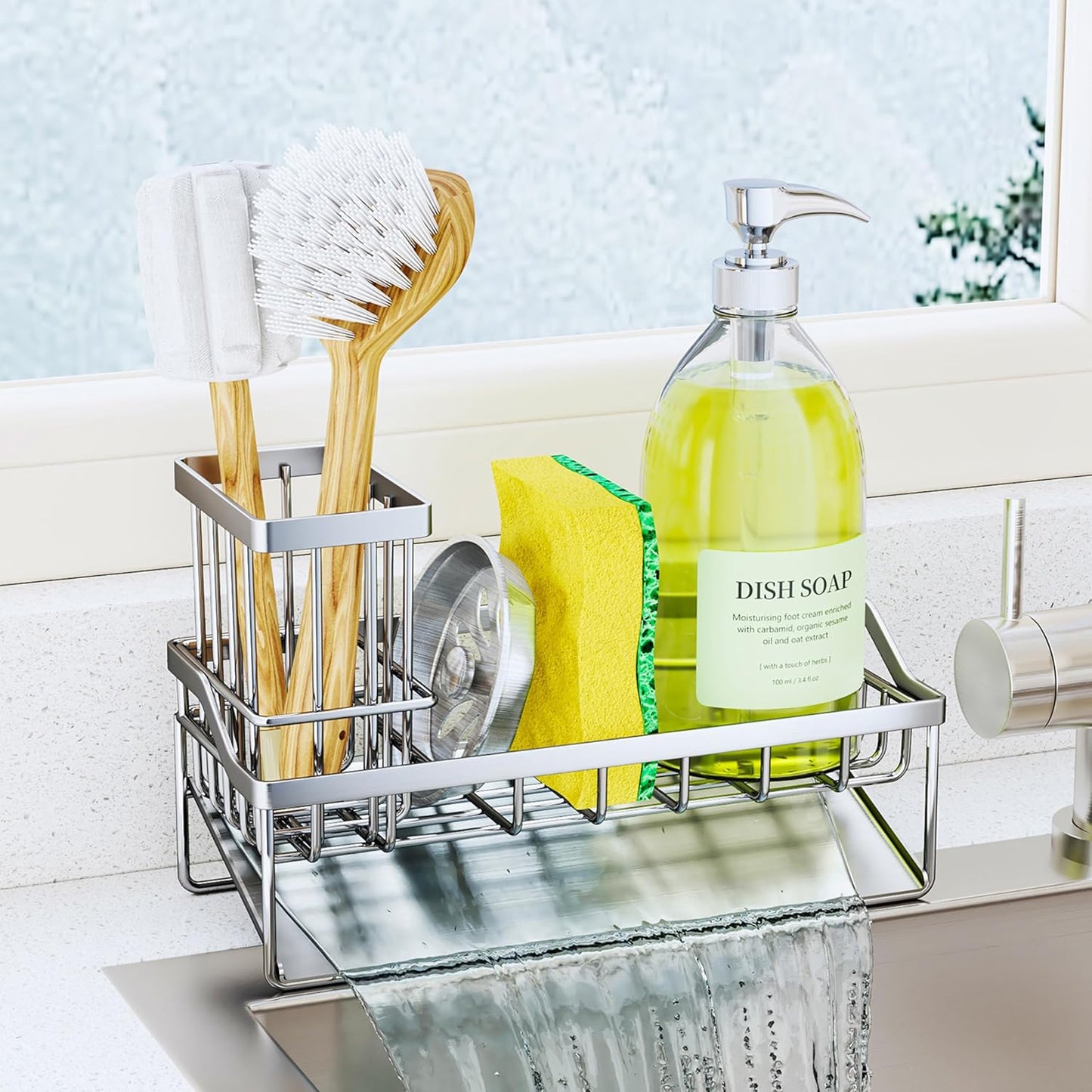SWTYMIKI Sink Caddy Sponge Holder - Kitchen Sink Organizer with High Brush Holder for Countertop to Hold Dish Soaps and Sponges, Stainless Steel, Black