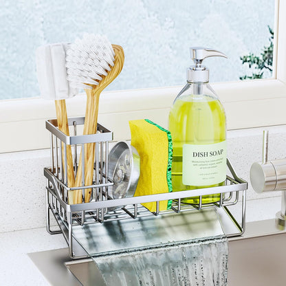 SWTYMIKI Sink Caddy Sponge Holder - Kitchen Sink Organizer with High Brush Holder for Countertop to Hold Dish Soaps and Sponges, Stainless Steel, Black