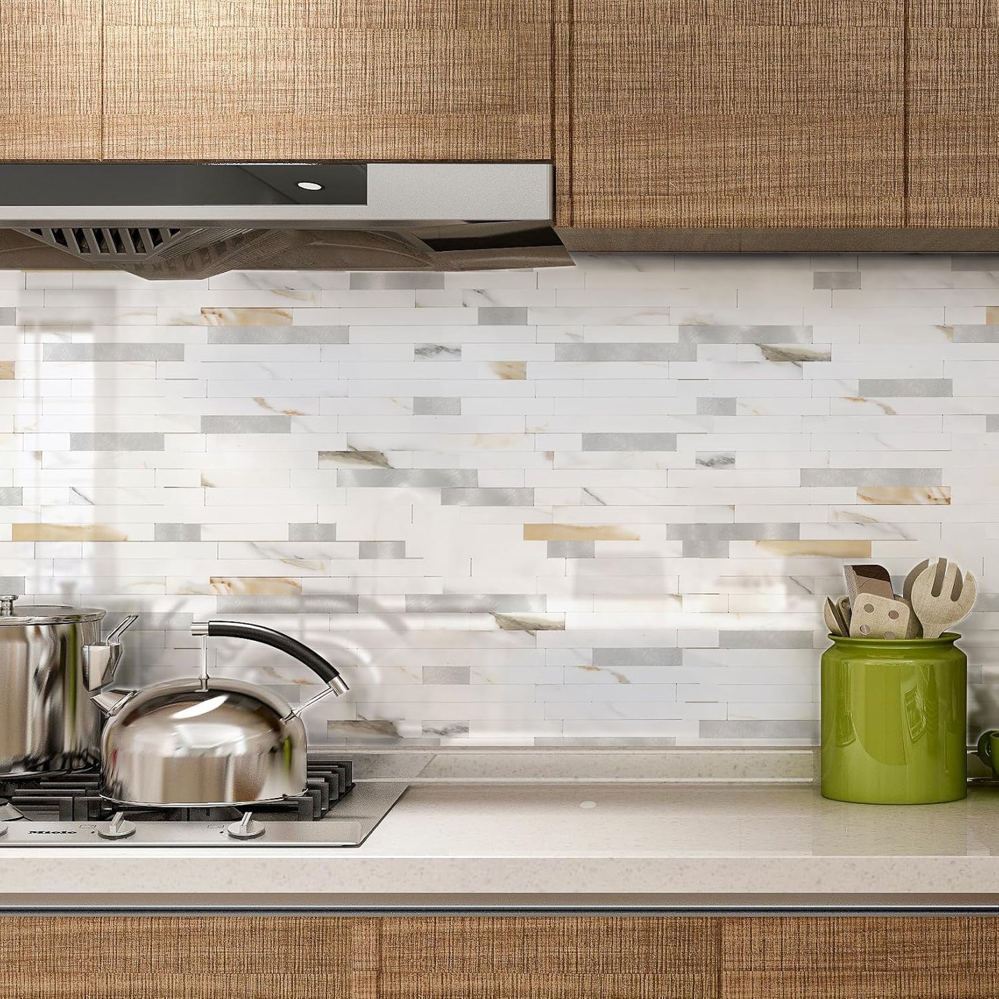 Yipscazo 2026 New Upgrade 11.34" X 11.57" Peel and Stick Backsplash, Stick on Backsplash Tiles for Kitchen, Bathroom, Fireplace (10 Sheets, Beige Rocks + Rose Gold)