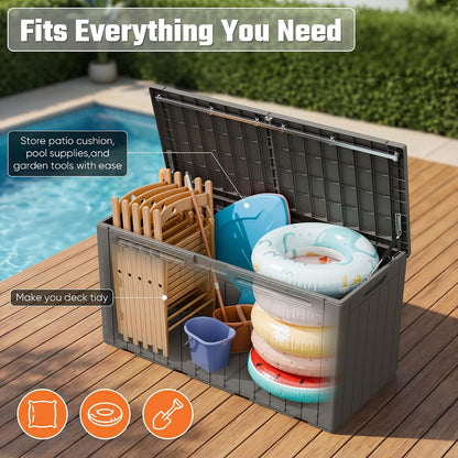 Greesum 110 Gallon Outdoor Storage Box with Lockable Lid, All-Weather for Patio Furniture, Pool Supplies & Garden Tools, Waterproof, UV-Resistant Large Deck Box, Dark Black