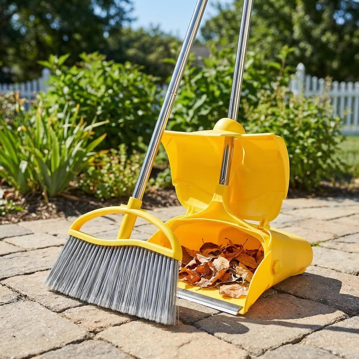 Long Handle Heavy Duty Broom and Dustpan Set, Outdoor and Commercial Upright Dustpan and Brush for Restaurant Garage Garden Yard Office,Black