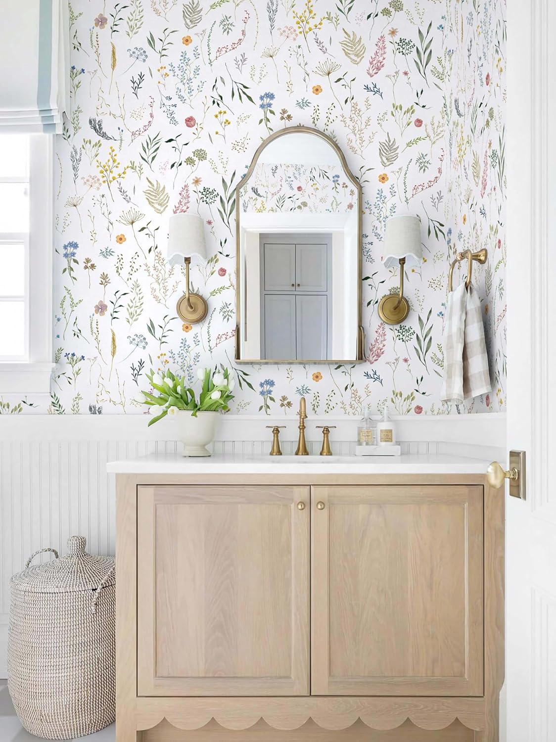 Dimoon 17.3''x78.7'' Vintage Peel and Stick Wallpaper Boho Beige Neutral Contact Paper White Floral Bird Wallpaper Removable Botanical Renter Friendly Modern Wall Paper Bedroom Bathroom Vinyl Roll