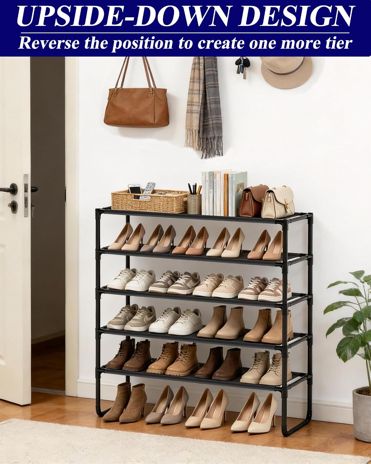 Long Shoe Rack, 3-Tier Stackable Shoe Organizer for Closet, Entryway, Hallway, Extra Bottom Layer, Holds 16-20 Pairs, Sturdy & Durable Waterproof Fabric Shelf, Space-Saving,Black(35.8" Wide)