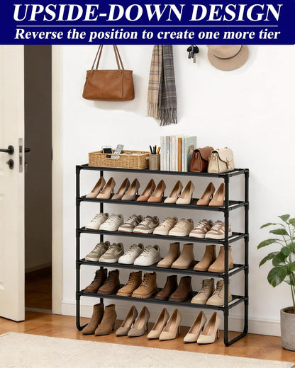 Long Shoe Rack, 3-Tier Stackable Shoe Organizer for Closet, Entryway, Hallway, Extra Bottom Layer, Holds 16-20 Pairs, Sturdy & Durable Waterproof Fabric Shelf, Space-Saving,Black(35.8" Wide)