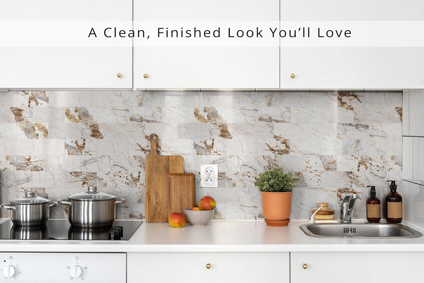StyloVue 100 Pieces Peel and Stick Backsplash for Kitchen, 3" x 6" PVC Subway Tile, Glossy White with Dark Gray Grout, Self Adhesive Stick on Wall Tiles for Kitchen, Bathroom, Fireplace, RV