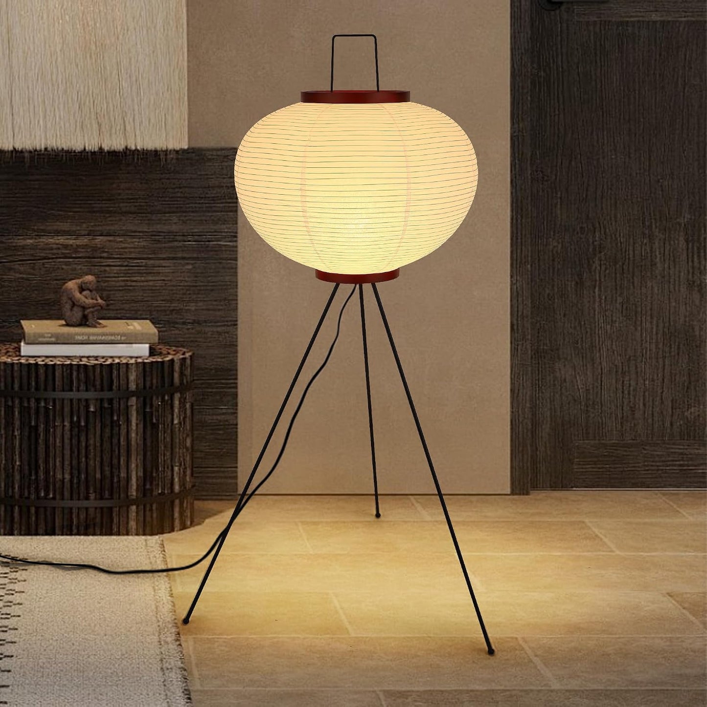 Japanese Rice Paper Floor Lamp, Cozy Paper Lamp Japandi Lantern Lights Wabi Sabi Style for Living Room Bedroom Office, 43 Inch Tripod Stand, White Lantern with E26 LED Bulb, 3000K/5000K