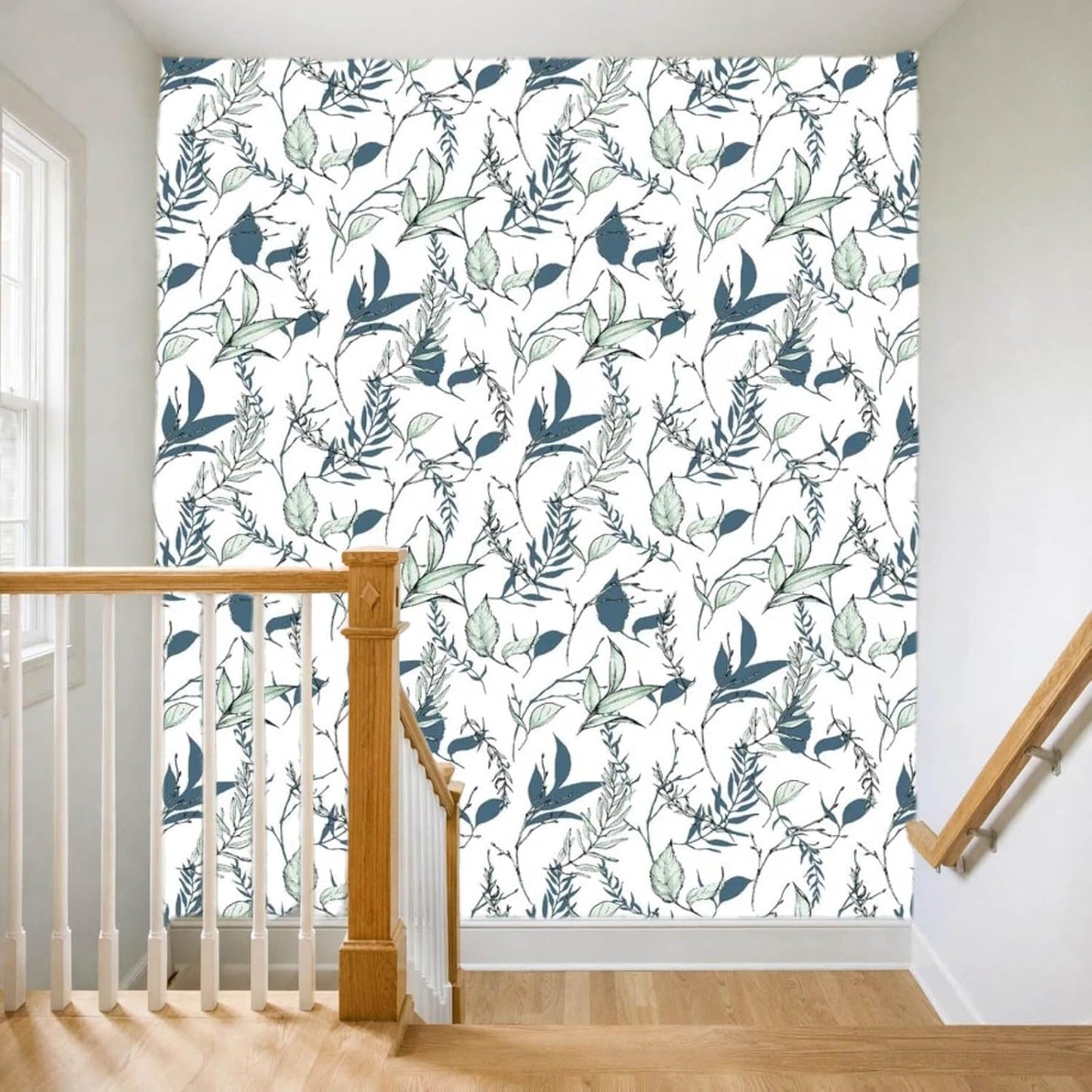 Sage Green and Blue Leaf Peel and Stick Wallpaper Modern Removable Self Adhesive Waterproof Renter Friendly Wall Covering for Bathroom and Accent Walls 17.7in x 88.5in