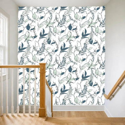 Sage Green and Blue Leaf Peel and Stick Wallpaper Modern Removable Self Adhesive Waterproof Renter Friendly Wall Covering for Bathroom and Accent Walls 17.7in x 88.5in