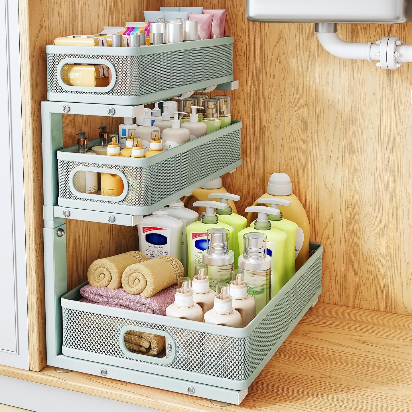 Under Sink Organizer, 2-Pack 3-Tier Thickened Metal Pull out Cabinet Organizer Shelf, Height Adjustable Slide out Storage Drawer Rack for Kitchen Bathroom Pantry Laundry Home Office Organization