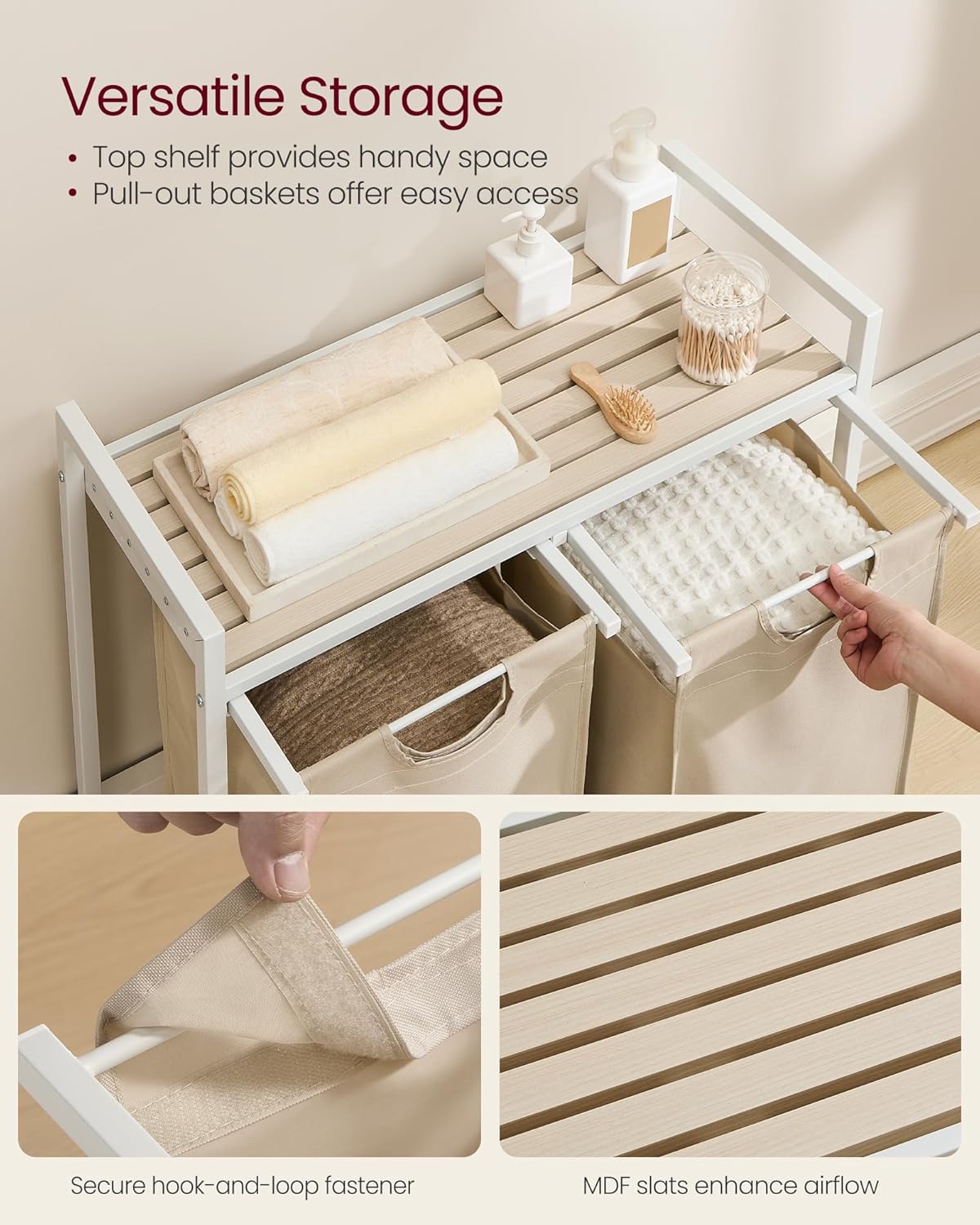 VASAGLE Laundry Hamper, Laundry Basket Sorter with 3 Pull-Out and Removable Bags, Shelf, Metal Frame, 3 x 10.6 Gallons (40 L), 36.4 x 13 x 28.4 Inches, Cappuccino Beige and Natural Beige UBLH301LH01