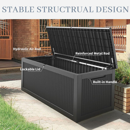 NUNU LAB Outdoor Storage Box, 45 Gallon Outside Deck Box Waterproof, Resin Outdoor Storage Cabinet With Lockable Lid, Backyard Storage Bench For Garden Tools, Patio Cushions, Pool Tools, Black