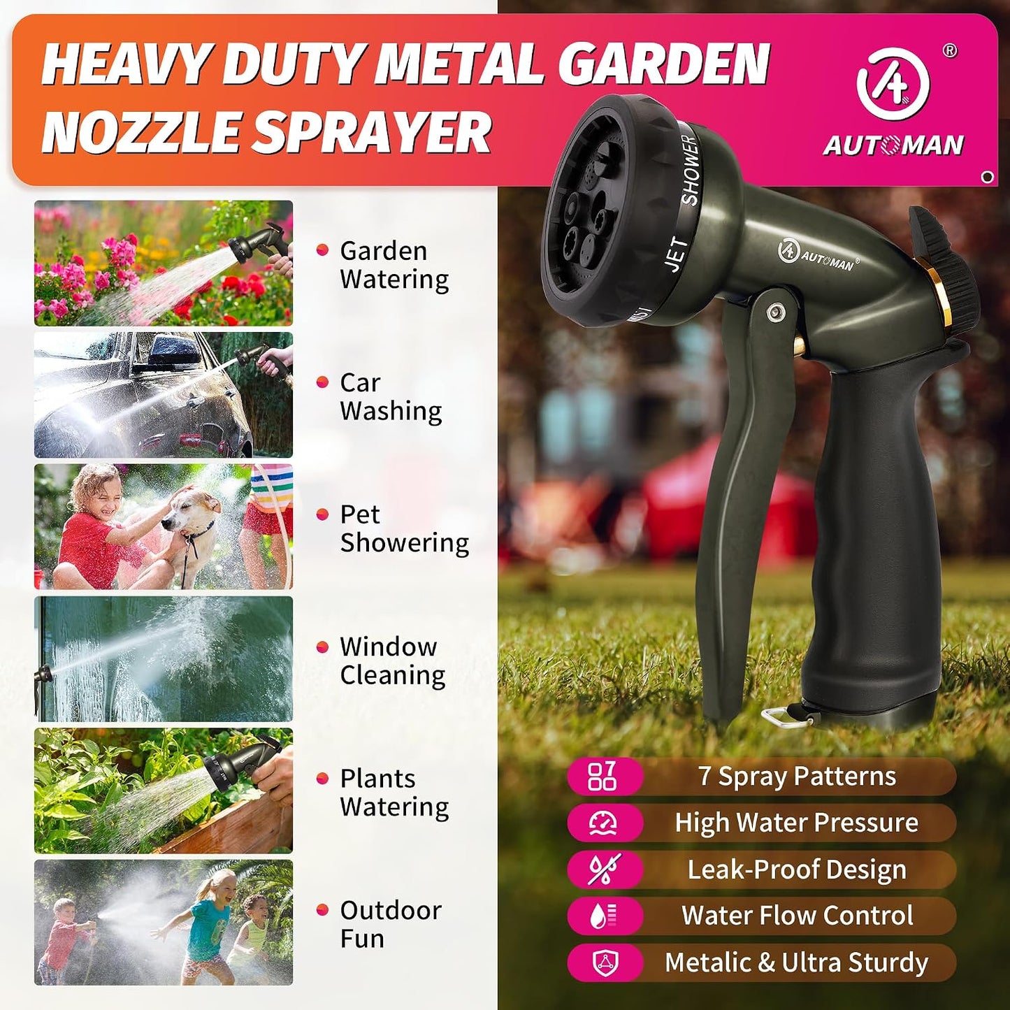 AUTOMAN Garden Nozzle Sprayer, High Pressure Spray Nozzle, 100% Metal Water Hose Nozzle, 7 Patterns Watering Nozzle, Heavy Duty Sprayer Garden Nozzle for Watering Plants & Lawns, Washing Cars & Pets