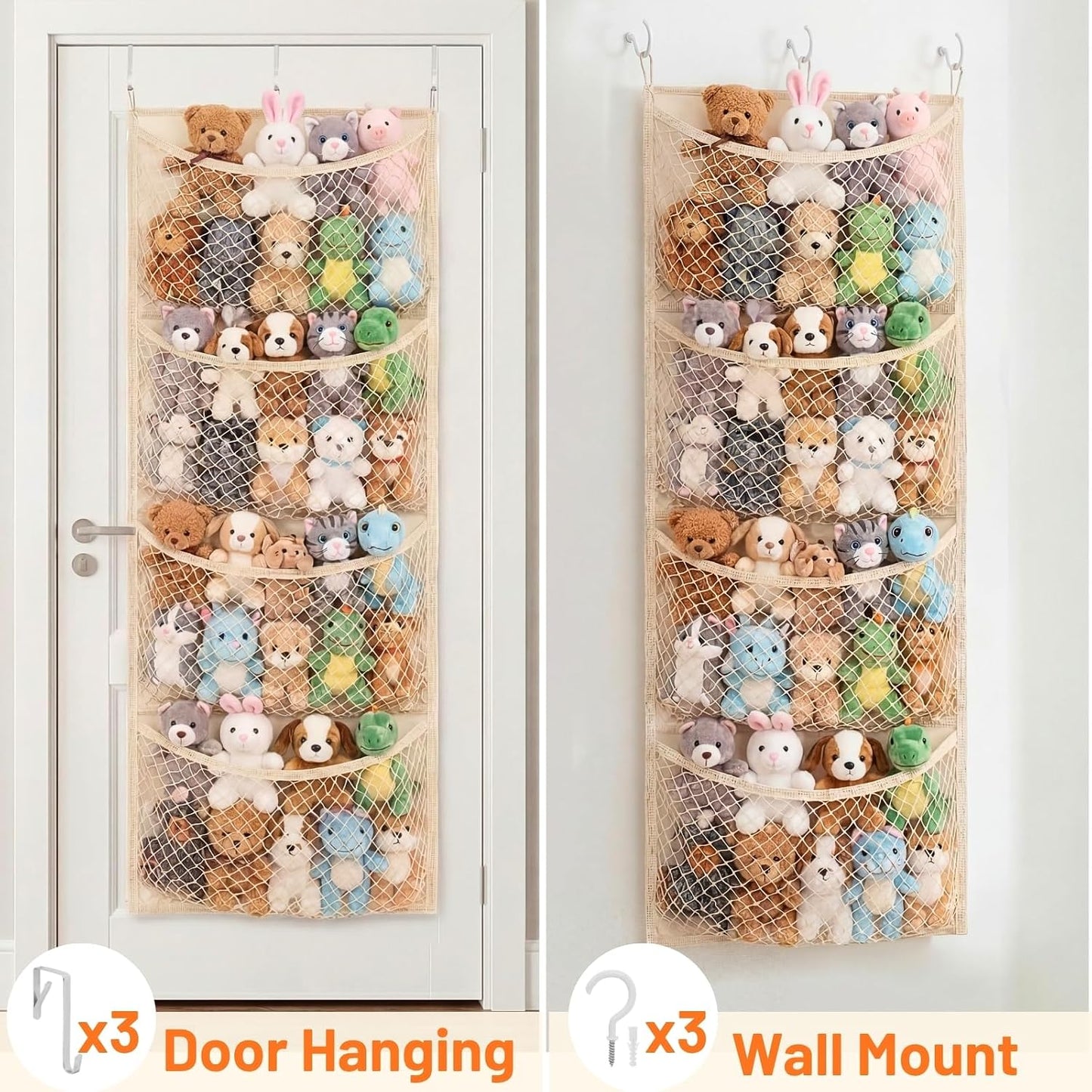 Ofiray-home Cotton Over The Door Stuffed Animal Storage | Toy Organizer for Storage Plush Toys, Stuffed Animal Holder with 4 Large Pockets, Hanging Door Organizer for Nursery