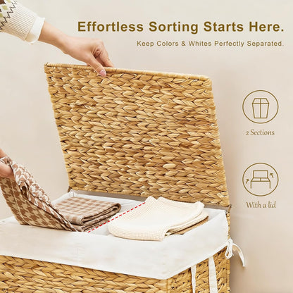 3-Section Laundry Hamper with Lid, Large Capacity Woven Natural Water Hyacinth Laundry Sorter with Removable Liners, Rolling or Non-Slip Design for Bedroom (Natural, 155L)