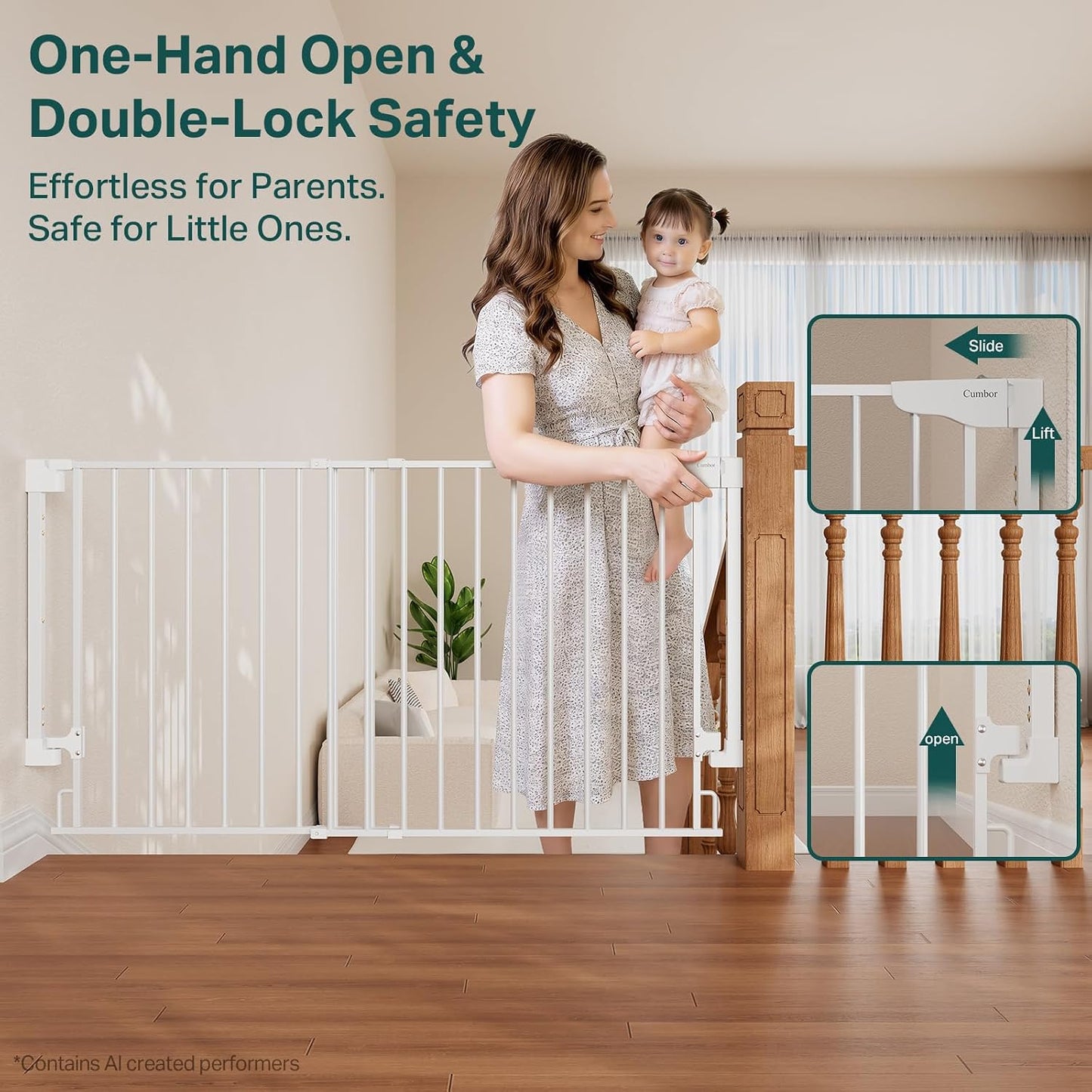 Cumbor 29.2–43" Baby Gate for Stairs, Hardware Mounted (Drill Required), Expandable No Bottom Bar Dog Gate, Auto Close Extra Wide Walk Thru, Pet & Toddler Proof Gate, Top & Bottom of Stairways (White)