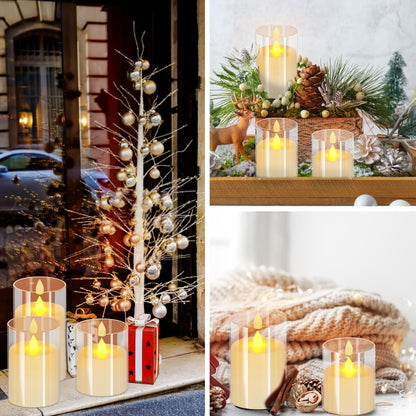 wemarry Flameless Candles 4" 5" 6" Acrylic Glass Pillars 3" Diameter Battery Operated Flickering Candles Include 8-Key Remote with Timer Function 400+ Hours (Amber, Warm Light 3 Pack)
