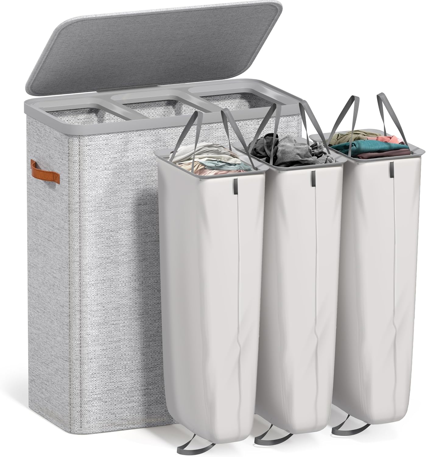Sorbus Laundry Hamper with Lid - Collapsible 3-Compartment Fabric Laundry Basket with Handles and Removable Laundry Bag – 50 Gallon (190 L) Dirty Clothes Hamper for Bedroom, bathroom and dorm (Beige)