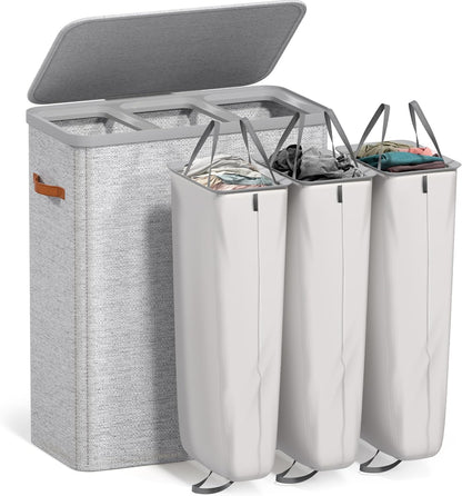 Sorbus Laundry Hamper with Lid - Collapsible 3-Compartment Fabric Laundry Basket with Handles and Removable Laundry Bag – 50 Gallon (190 L) Dirty Clothes Hamper for Bedroom, bathroom and dorm (Beige)
