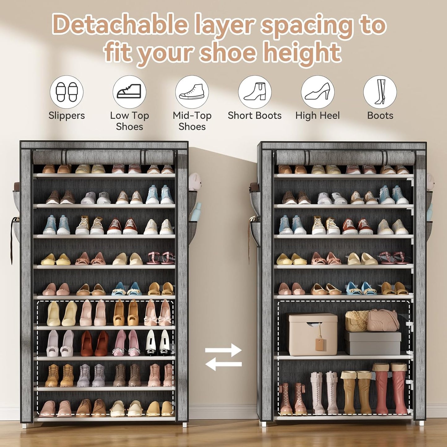 LANTEFUL Shoe Rack with Covers - 10 Tiers Tall Shoe Rack Organizer Large Capacity Shoe Shelf Storage 40 Pairs Space Saving Vertical Shoe Storage Organizer for Closet, Entryway, Dorm, Bedroom