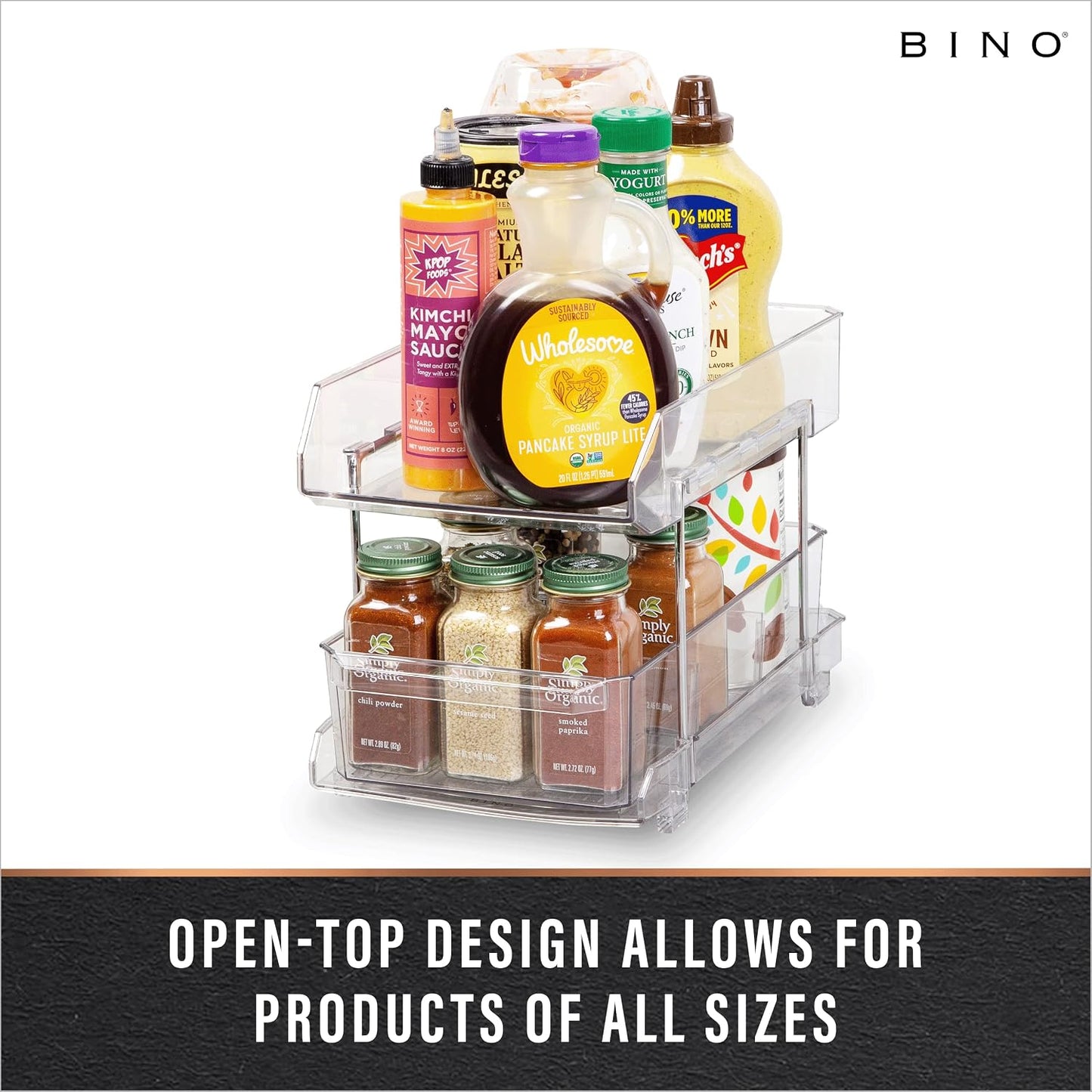 BINO 2 Tier Clear Storage Organizer with Dividers | Slide Out Drawer for Under Sink or Medicine Cabinet | Bathroom Closet, Vanity, Pantry Organizer | Under Cabinet Storage for Bathroom and Kitchen