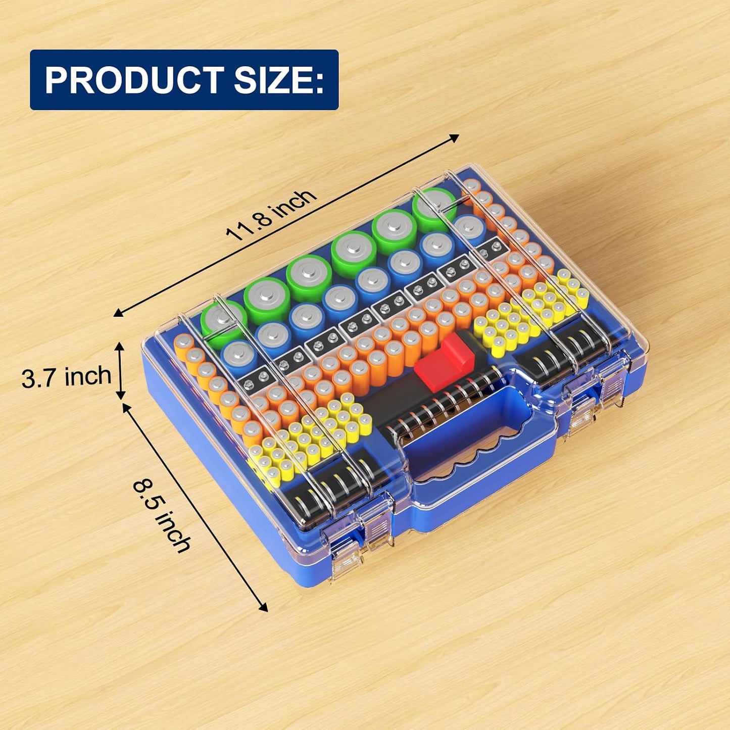 Molutsody Battery Organizer Box with Tester, Storage Case Holds 260 Batteries, Double Clear Locking Lid for AA AAA C D 9V - Red (Batteries Not Included)