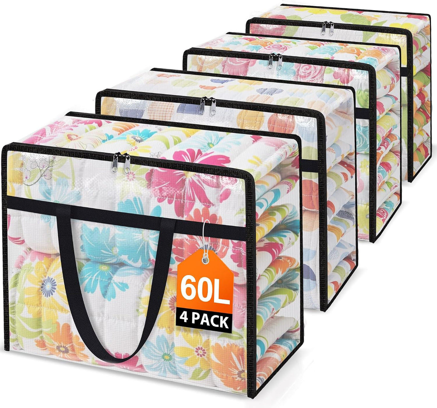 4 Packs Clear Under Bed Storage Containers - 60 L Large Capacity Clothes Storage Bags with Lid & Sturdy Handles, Foldable Moving Bags, Clothing Organizer Totes for Bedding, Comforter, Sheet