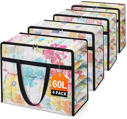 4 Packs Clear Under Bed Storage Containers - 60 L Large Capacity Clothes Storage Bags with Lid & Sturdy Handles, Foldable Moving Bags, Clothing Organizer Totes for Bedding, Comforter, Sheet