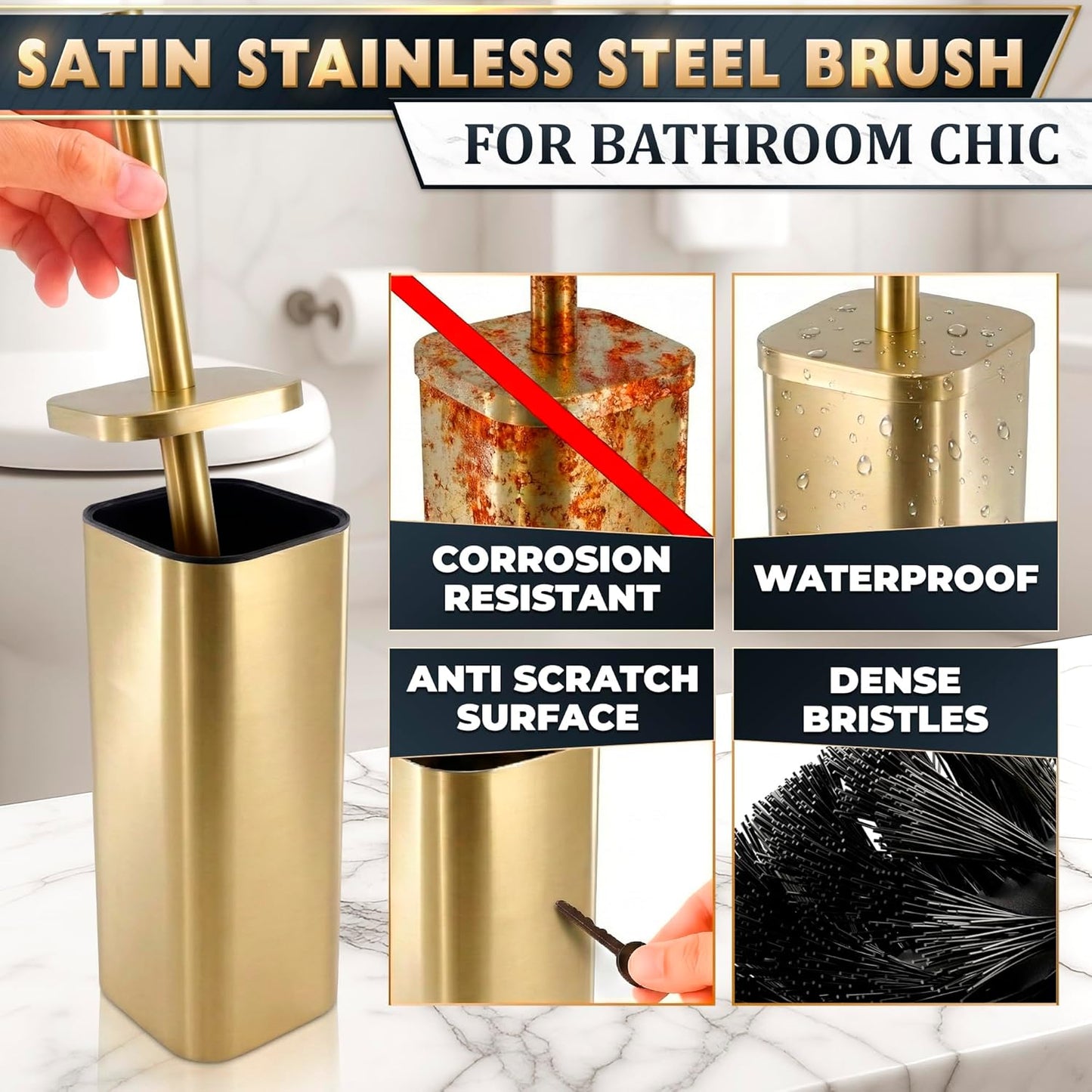 Black Toilet Brush and Holder Set - Slim Matte Design that Fits Anywhere - Stainless Steel Toilet Bowl Brush and Holder with 2 Rounded Corners, Replaceable Head, Removable Inner Bowl & Splash Guard