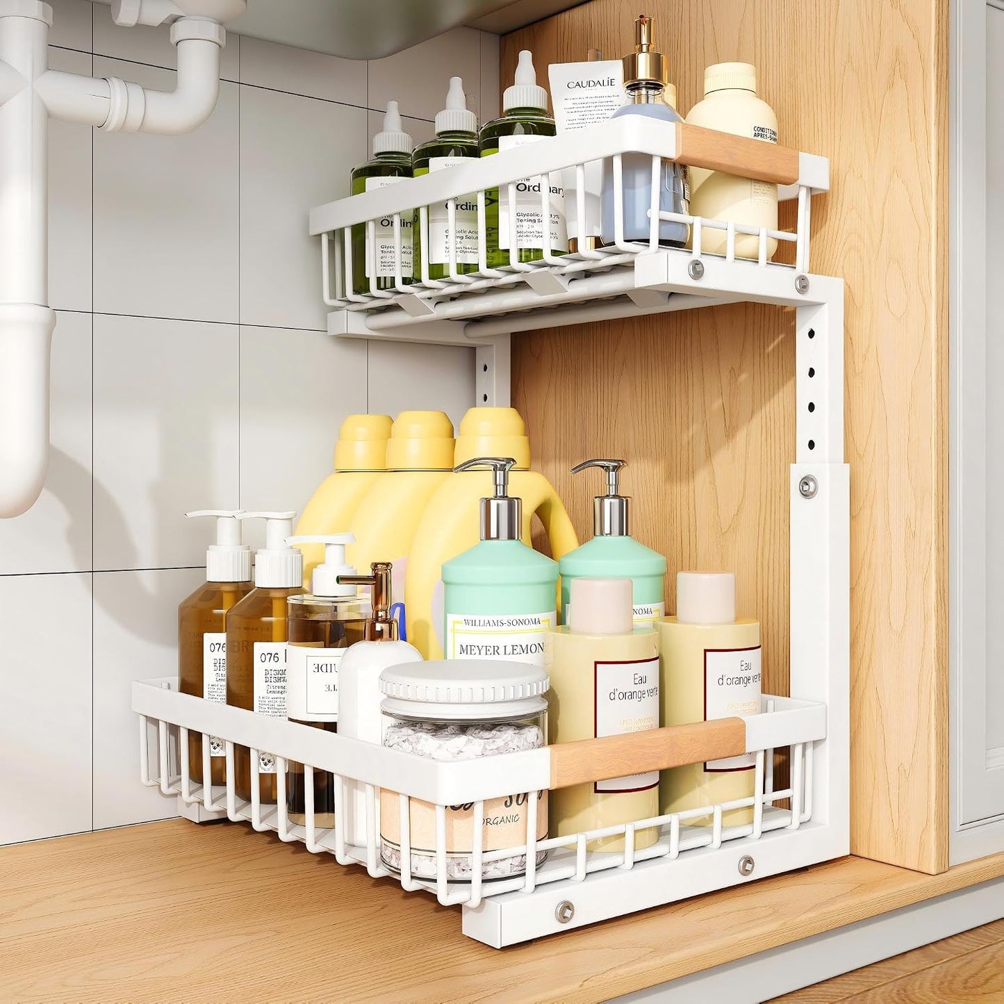 PXRACK Under Sink Organizer, Adjustable Height, 2 Tier Pull Out Under Cabinet Organizer, Slide Out Thickened Metal Under Sink Storage for Kitchen Bathroom Laundry Pantry Cabinet, White, Large-1-Pack