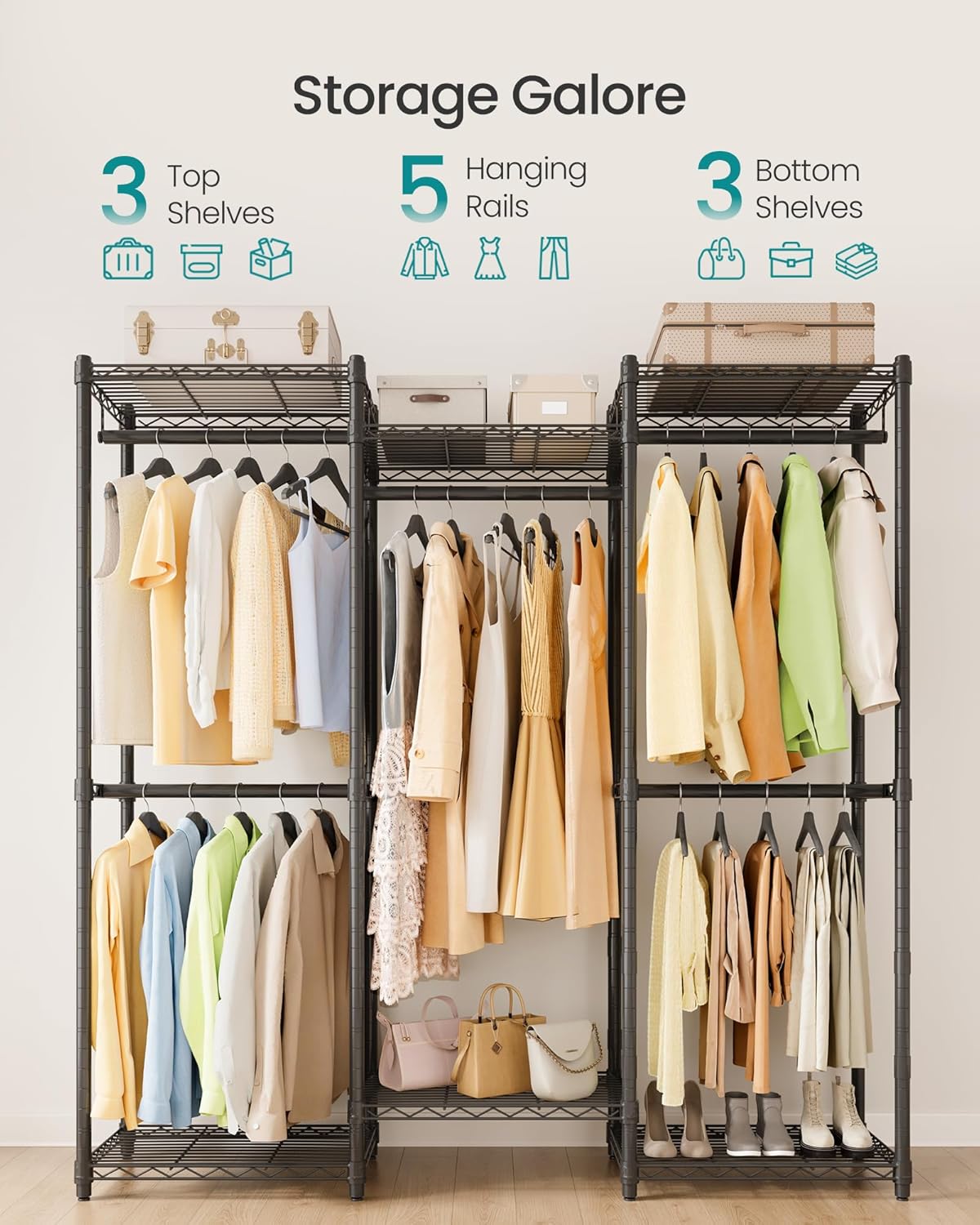 SONGMICS Heavy-Duty Clothes Rack, Garment Rack, Portable Closet, 68.7-Inch Wide Clothing Rack with Adjustable Mesh Shelves and Hanging Rails, Ink Black ULGR433B01