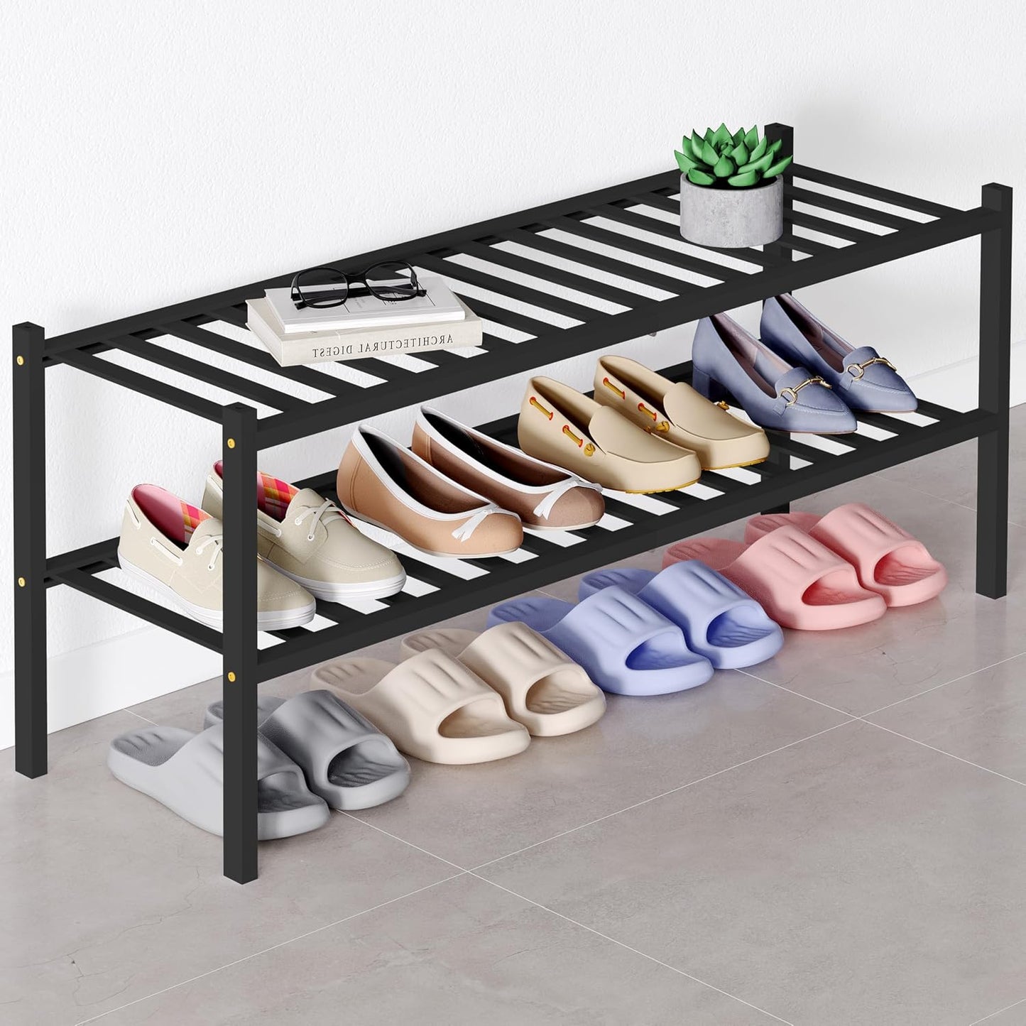 Smiry Bamboo Shoe Rack for Closet, 3 Tier Wooden Shoe Organizer, Stackable Wood Shoe Storage Shelf for Entryway, 14 Vertical Slats, One-piece Heavy-Duty Legs, 26.77"x11.02"x18.31", Natural