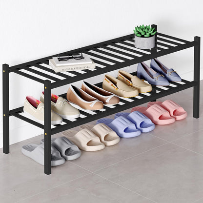 Smiry Bamboo Shoe Rack for Closet, 3 Tier Wooden Shoe Organizer, Stackable Wood Shoe Storage Shelf for Entryway, 14 Vertical Slats, One-piece Heavy-Duty Legs, 26.77"x11.02"x18.31", Natural