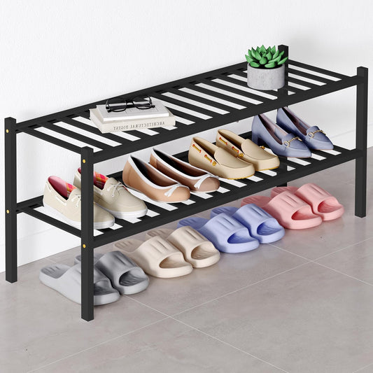 Smiry Bamboo Shoe Rack for Closet, 3 Tier Wooden Shoe Organizer, Stackable Wood Shoe Storage Shelf for Entryway, 14 Vertical Slats, One-piece Heavy-Duty Legs, 26.77"x11.02"x18.31", Natural