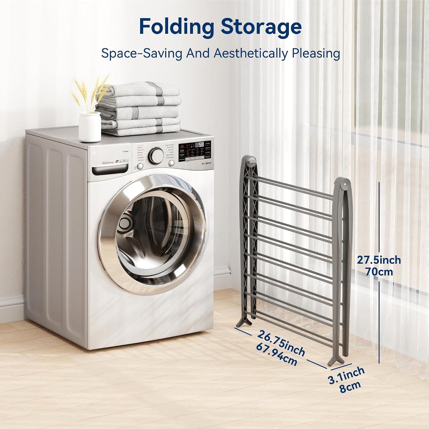 Whitmor Spacemaker Folding Drying Rack, Freestanding Indoor Clothes Dryer, Space Saving Compact Design, 6"L x 26"W x 51.5"H, White