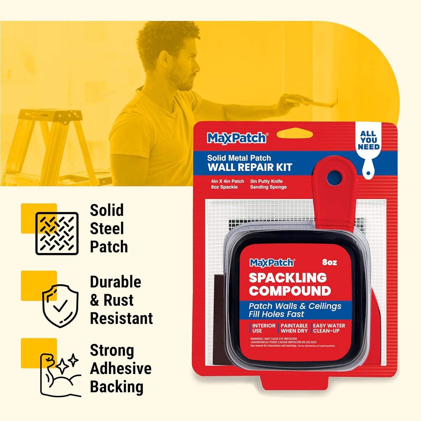MaxPatch® Drywall Repair Kit - Includes 8 oz Spackling Compound, 4"x 4" Adhesive Metal Patch, Spackling Knife, Sanding Pad - All-in-One Solution for Wall and Ceiling Repairs