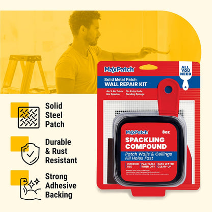 MaxPatch® Drywall Repair Kit - Includes 8 oz Spackling Compound, 4"x 4" Adhesive Metal Patch, Spackling Knife, Sanding Pad - All-in-One Solution for Wall and Ceiling Repairs
