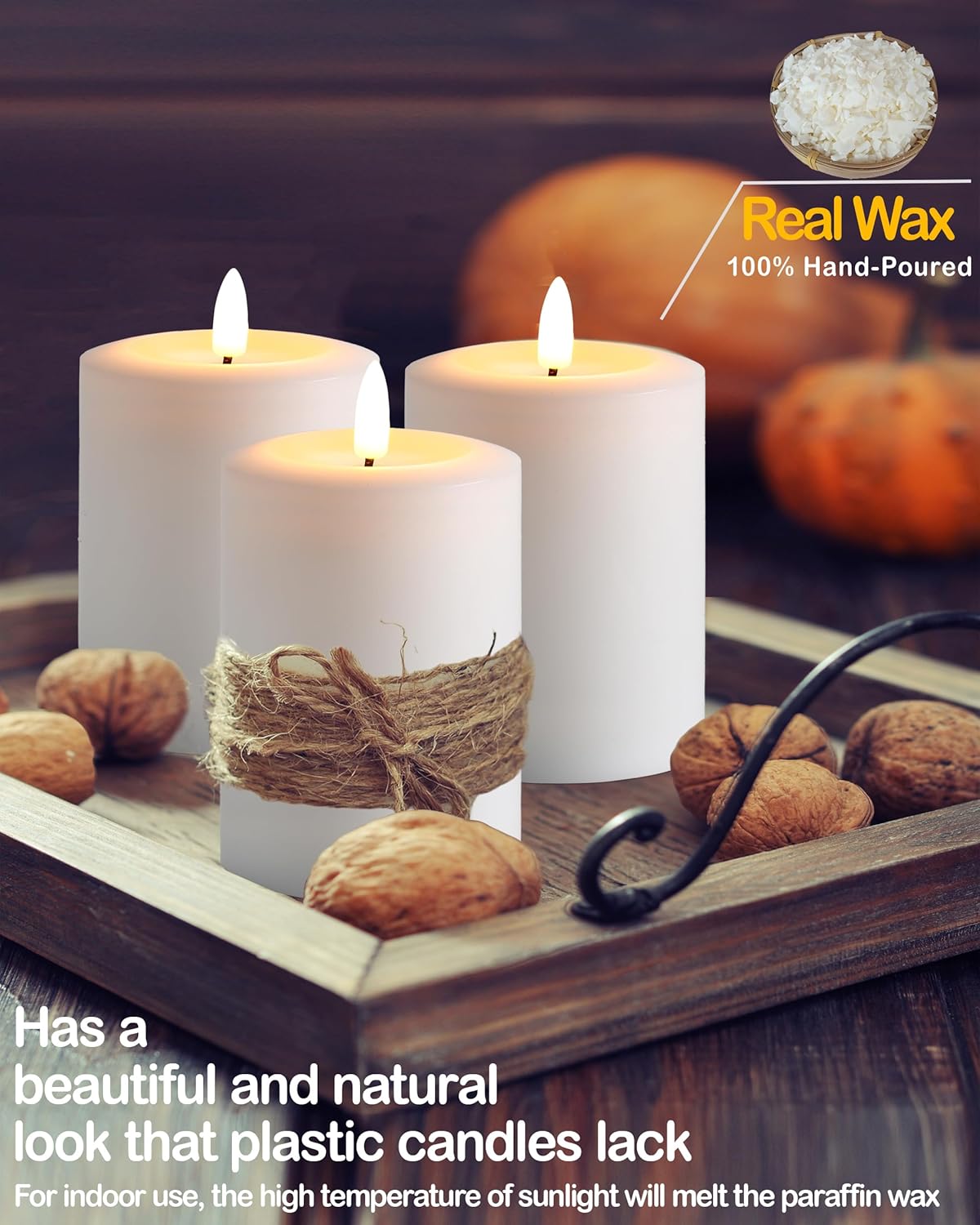 Gmnee 3"x4" Flickering Flameless Candles with Remote Timer, Real Wax, Ivory Pillar Candles, Set of 3 Fake LED Battery Operated Candles for Home, Fireplace, Centerpiece, Rustic and Farmhouse Decor
