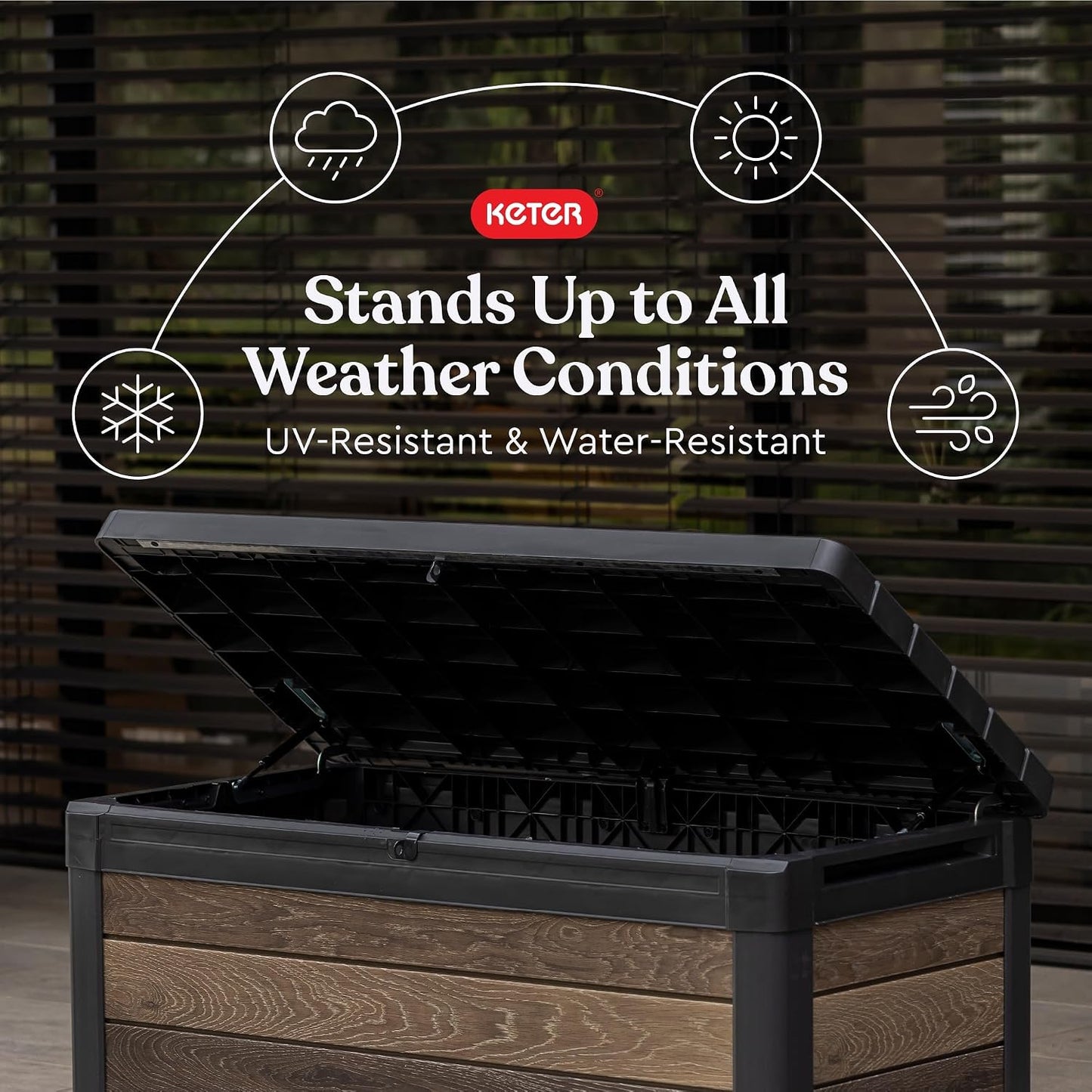 Keter Signature Everwood 30 Gallon Resin Outdoor Storage Box and Patio Furniture Side Table for Pool and Garden Accessories, Walnut