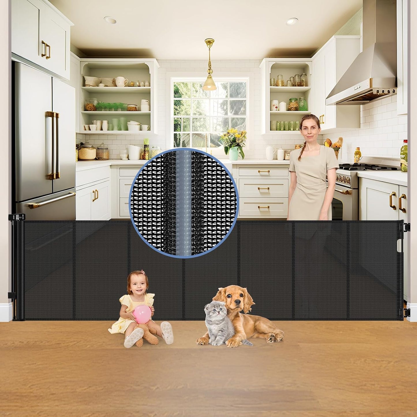 Reinforced Retractable Baby Gates with Support Beam 60" Wide Retractable Dog Gate Indoor Prevent Children and Dogs from Crawling Under Outdoor Dog Gate for Deck Mesh Gates for Kids or Pets, Black