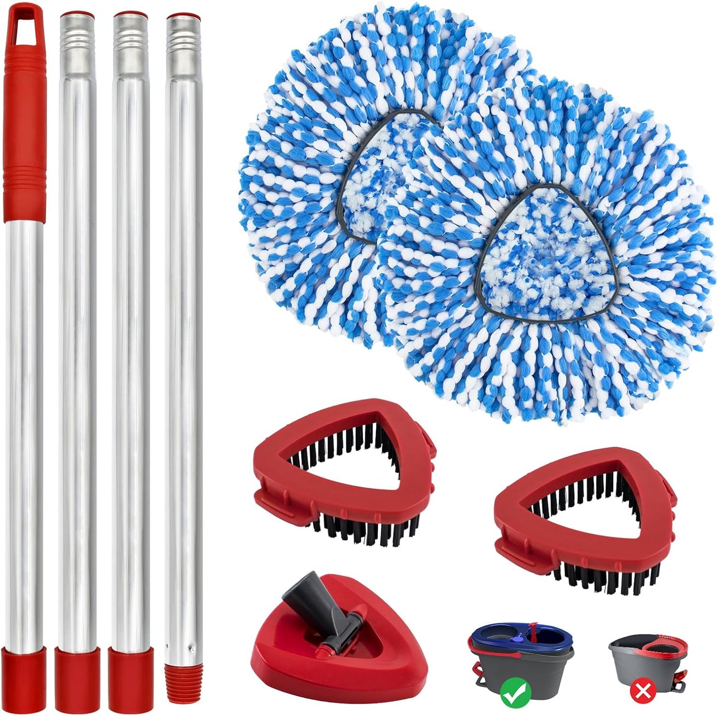 Spin Mop Handle,Mop Replace Heads,Brush and Base Compatible with O Cedar EasyWring 1 Tank,2 Microfiber Mop Refills and Brush,4-Section 30-58" Mop Handle,Mop Base Combo Set for Wet/Dry Floor Cleaning