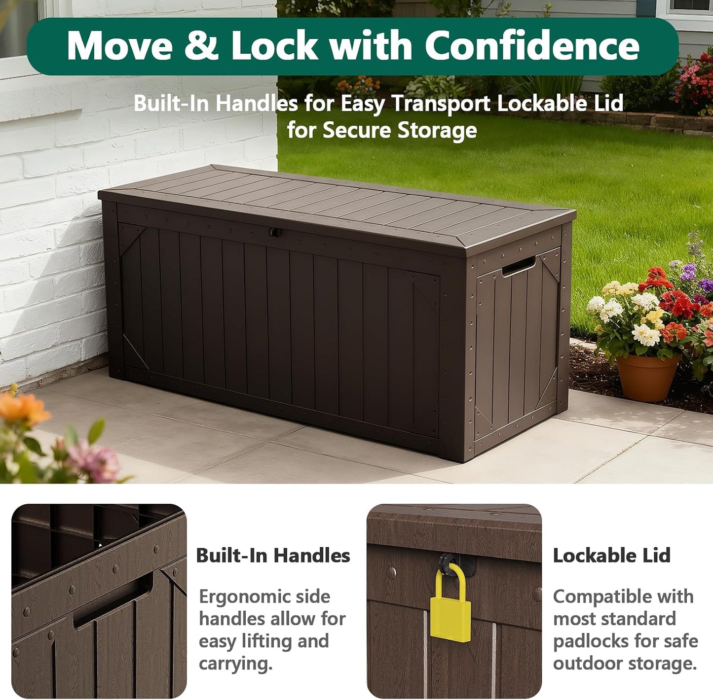 Outdoor Storage Box, 98 Gallon Deck Box, Outdoor Storage Bench, Waterproof Resin Storage Bench with Lockable Lid, Patio Furniture Cushions & Garden Tools Storage, UV Resistant (Black)
