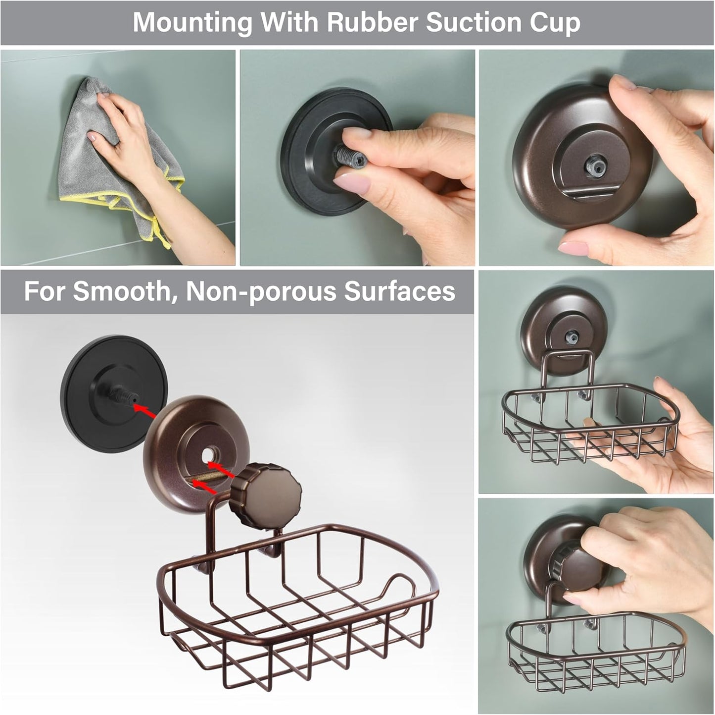 HASKO Suction Cup Soap Dish for Shower Wall, Rustproof Stainless Steel Shower Soap Holder for Bathroom with Hooks and Soap Saver, Includes Optional No Drill Adhesive Mount, Silver