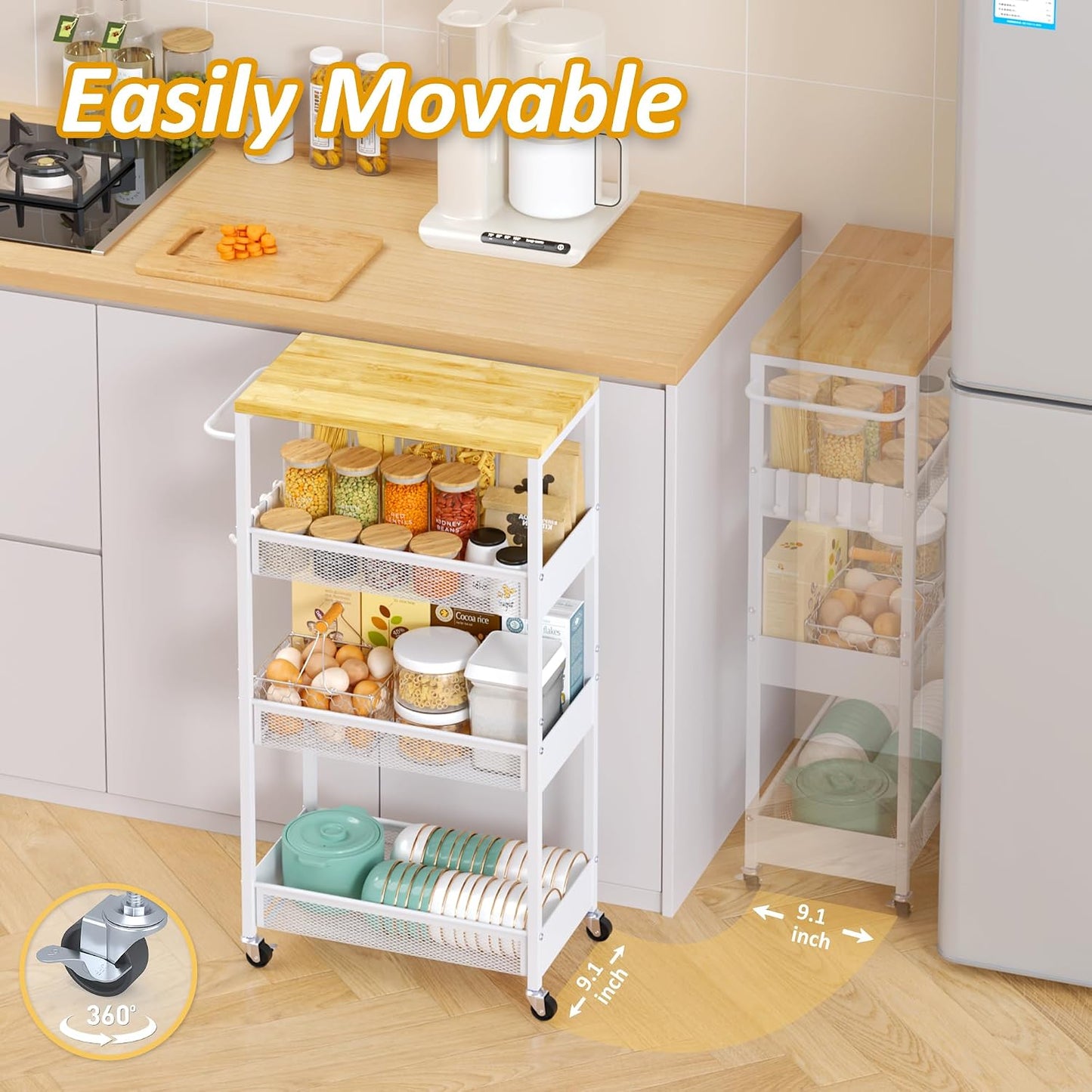 Vincona 7.1" Wide Slim Storage Cart on Wheels, 4 Tier Metal Narrow Rolling Cart with Handle and Wood Top, Multifunctional Small Mobile Shelf Unit Organizer Trolley for Laundry, Bathroom, Kitchen