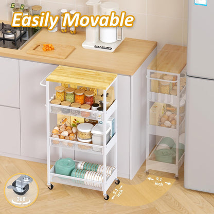 Vincona 7.1" Wide Slim Storage Cart on Wheels, 4 Tier Metal Narrow Rolling Cart with Handle and Wood Top, Multifunctional Small Mobile Shelf Unit Organizer Trolley for Laundry, Bathroom, Kitchen
