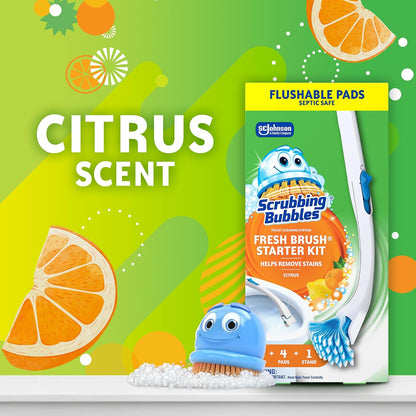 Scrubbing Bubbles Toilet Bowl Cleaning System with Flushable & Disposable Cleaner Refill Pads, Fights Odors and Helps Remove Limescale & Hard Water Stains, Citrus Scent, 1 Wand + 4 Refills + 1 Stand