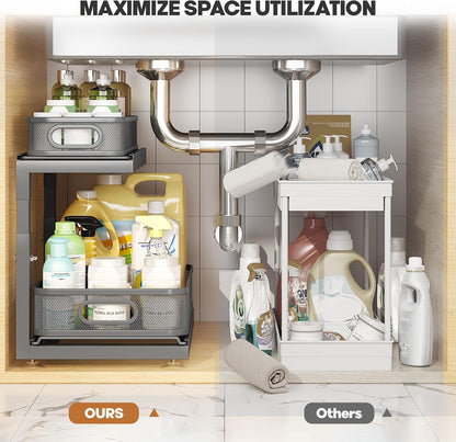 2-Pack Under Sink Storage Organizer with 2-Tier Slide Out Drawer, Sophisticated Mesh Pull Out Shelf for Kitchen & Bathroom, Fits Small Items, Upgraded Arched Track for Smooth Gliding(Patented)