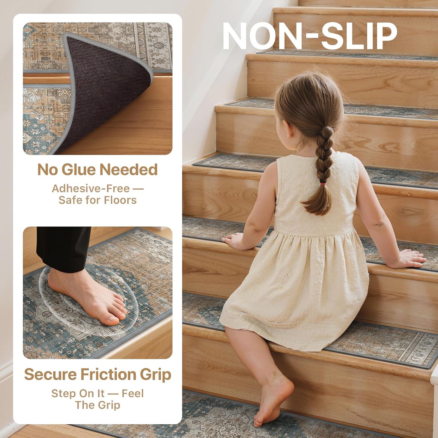 sarben Non Slip Stair Treads for Wooden Steps 15PCS - 8"x30" Indoor Safety Carpet, Edging Mats with TPE Adhesive Backing, Pet and Elderly Friendly Stair Rugs (Taupe) - Colors B