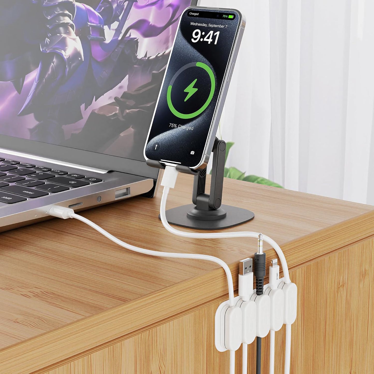 Chargeworx Magnetic Cable Clips - Cord Holder Organizer, No Drill Self-Adhesive Base, Cable Organizer, Repositionable Magnetic Clips, 5-Pack, USB-C Lightning Micro-USB, Desk Nightstand Wall Car, Black