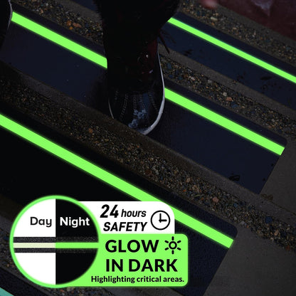 LifeGrip Anti Slip Traction Treads 10 Pack, 6"x32" with Glow in Dark Stripe, Best Grip Tape Grit Non Slip, Outdoor Non Skid Tape, High Traction Friction Abrasive Adhesive for Stairs Step