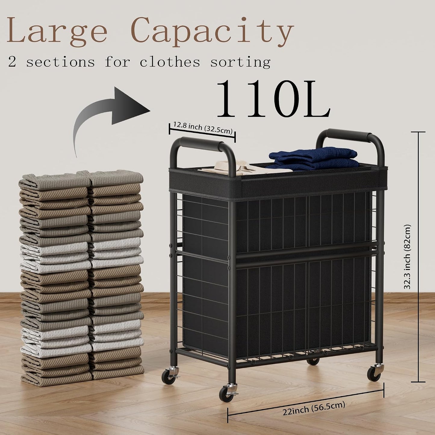 Laundry Hamper 3 Section, 145L Rolling Laundry Sorter Basket with Wheels, 3 Compartment Clothes Organizer Cart, Pull-Out Removable Bags for Laundry Room, Bathroom, Bedroom, White
